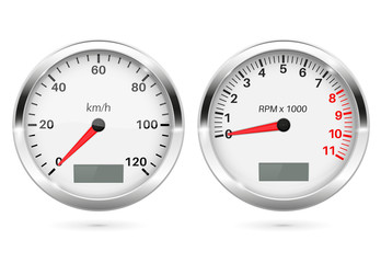 Speedometer and tachometer. 3d round gauges set