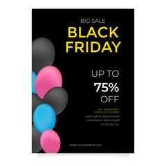 Black Friday sale flyer template with Ballon, confetti, tag, frame ornament. vector illustration design