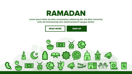 Ramadan Islam Landing Web Page Header Banner Template Vector. Koran And Crescent, Hands And Candle, Carpet And Drum Mubarak Ramadan Holiday Illustration