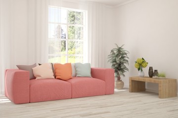 Stylish room in white color with sofa. Scandinavian interior design. 3D illustration