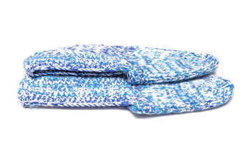 Woolen footsteps isolated on white background. Handmade knitwear.