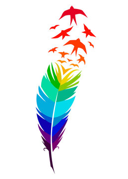 Print art concept colorful design tattoo black feather flying birds swallows silhouette. Vector illustration fly magical pen writer writing