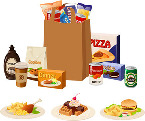 Vector illustration of a shopping paper bag with groceries and various dishes and ingredients