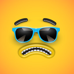 Cute angry emoticon with blue sunglasses, vector illustration