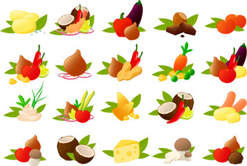 Vector illustration of fruits and vegetables decoratively arranged