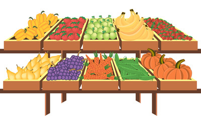 Interior of store, mall, shopping center, with grocery counters, with fresh fruit and vegetables. Store food products, shopping mall, counter with foods. Vector illustration.