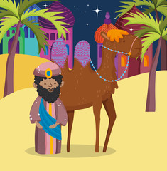 wise king and camel desert manger nativity, merry christmas