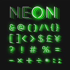 Green neon character font set on black background with reflections, vector illustration