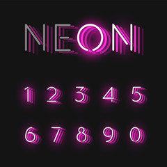 Pink neon character font set on black background with reflections, vector illustration