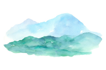 Blue mountain and hills isolated on white background landscape watercolor painting hand drawn on paper - 302413349