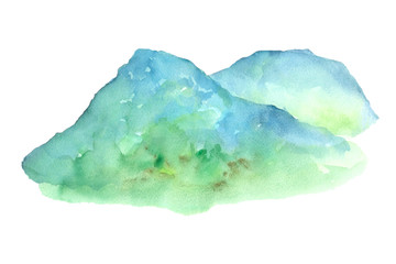 mountain landscape watercolor painting isolated white background hand drawn for card, wallpaper, text space