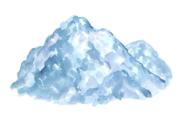 winter mountain and hills landscape with snow hand drawn watercolor painting illustration, nature background or backdrop element