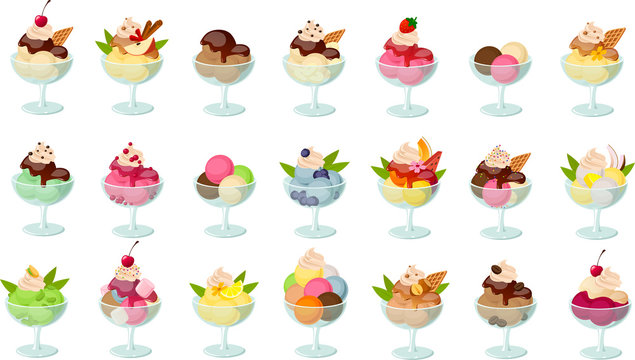 Vector illustration of various kinds of colorful ice creams in dessert glasses and with toppings
