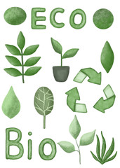  Green elements on a white background for nature conservation. Ecology concept. Bio Ecological problems. Save the nature. Set clip art illustrations on the theme of ecology. Lettering. Save the planet