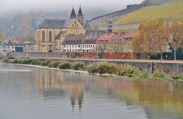 Fototapeta na wymiar Würzburg, Burkarderkirche im Herbstnebel