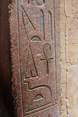 Ancient Egyptian symbols on a pillar in the Queen's Hatsepsut Temple. Hieroglyphs on a stone pillar in Egypt.