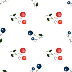 Blue and red simple berries. Seamless vector pattern.