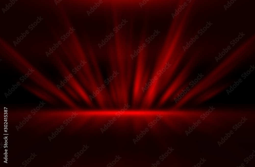 Fototapete Empty show scene background. Reflection of a dark street on wet asphalt. Rays of red neon light in the dark, neon shapes, smoke. Abstract dark background.