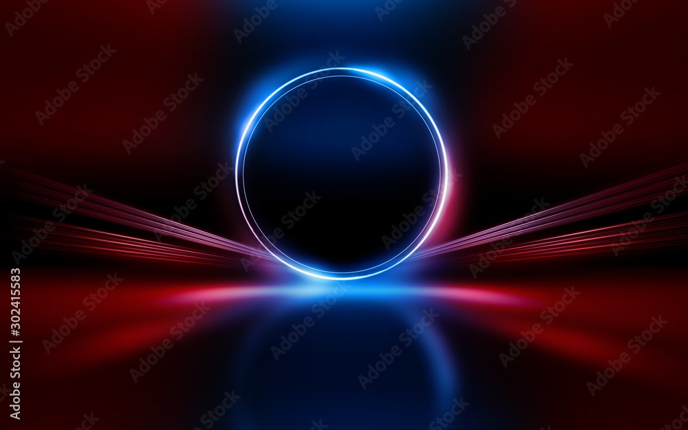 Aufkleber empty show scene background. reflection of a dark street on wet asphalt. rays of red and blue neon l