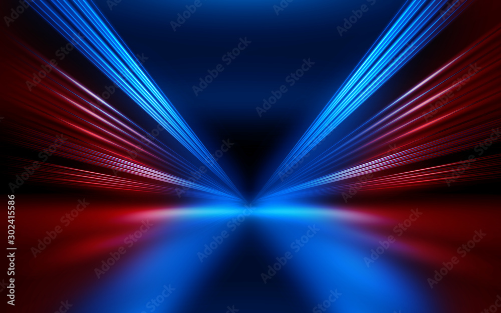 Poster empty show scene background. reflection of a dark street on wet asphalt. rays of red and blue neon l