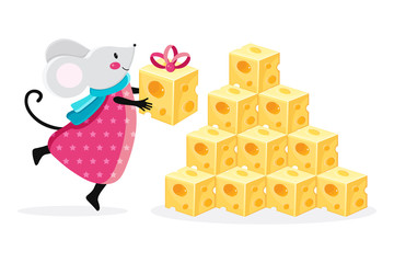Cute kawaii mouse next to a big pile of cheese. Funny rat holding a piece of cheese. Christmas and new year card or banner. Children illustration flat vector. 2020