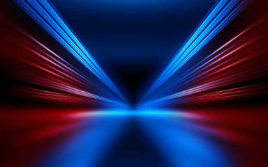 Empty show scene background. Reflection of a dark street on wet asphalt. Rays of red and blue neon light in the dark, neon shapes, smoke. Abstract dark background. - 302415586