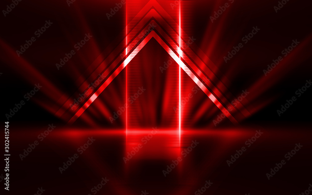 Poster Empty show scene background. Reflection of a dark street on wet asphalt. Rays of red neon light in the dark, neon shapes, smoke. Abstract dark background.