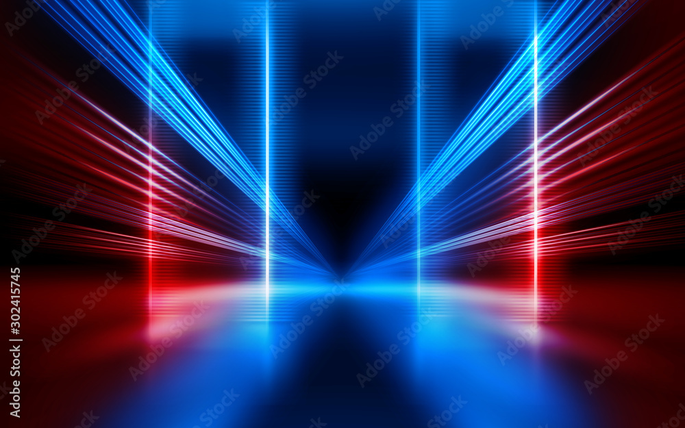 Poster empty show scene background. reflection of a dark street on wet asphalt. rays of red and blue neon l
