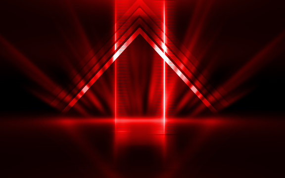 Empty show scene background. Reflection of a dark street on wet asphalt. Rays of red neon light in the dark, neon shapes, smoke. Abstract dark background.