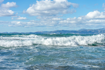 Naklejka premium Water in the form of waves of the Mediterranean Sea on the Island of Mallorca, Spain