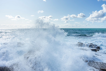 Water in the form of waves of the Mediterranean Sea on the Island of Mallorca, Spain