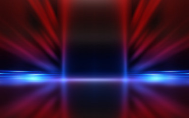 Empty show scene background. Reflection of a dark street on wet asphalt. Rays of red and blue neon light in the dark, neon shapes, smoke. Abstract dark background.