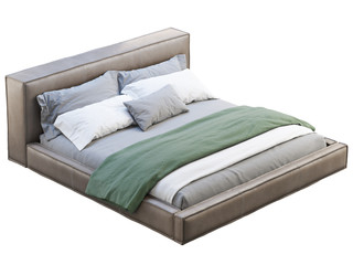 Loft brown leather platform bed with bed linen and blanket. 3d render