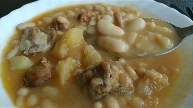 Stewed white beans with pork and chorizo.