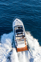 luxury motor yacht in navigation, aerial view