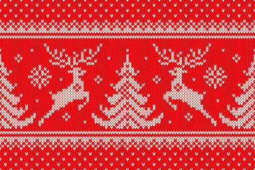 Traditional Winter Holiday Knitting Pattern with Reindeers and Christmas Trees. Scheme for Wool Knit Christmas Sweater Design or Cross Stitch Embroidery. Vector Seamless Background