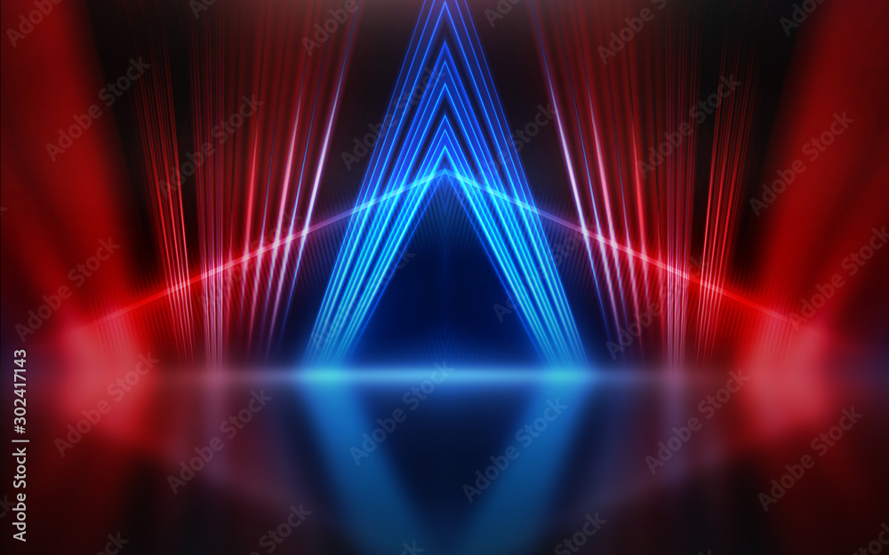 Poster empty show scene background. reflection of a dark street on wet asphalt. rays of red and blue neon l