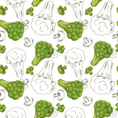 Seamless pattern with broccoli, hand drawn in sketch style on a white background