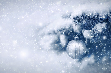 Fototapeta na wymiar Silver Christmas Ball hanging on a Fir Tree Branch. Christmas Background.