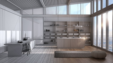 Architect interior designer concept: unfinished project that becomes real, modern kitchen with island, stools, parquet, corrugated sheet roof, panoramic windows, minimalist design