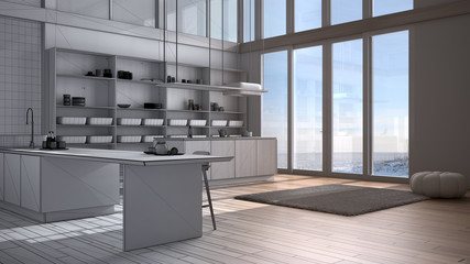 Architect interior designer concept: unfinished project that becomes real, modern kitchen with island, stools, parquet, corrugated sheet roof, panoramic windows, minimalist design