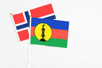 New Caledonia and Bouvet Islands stick flags on white background. High quality fabric, miniature national flag. Peaceful global concept.White floor for copy space.