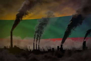 Dark pollution, fight against climate change concept - industrial pipes dense smoke on Lithuania flag background - industrial 3D illustration