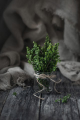 A thyme bundle in a glass jar and scattered thyme sprigs on wooden table on sackcloth background. Magic light, vertical orientation, copy space