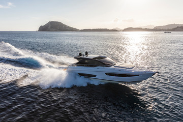 luxury motor yacht in navigation, aerial view