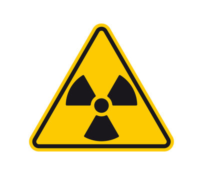 Vector yellow triangle sign - black silhouette radiation. Isolated on white background.