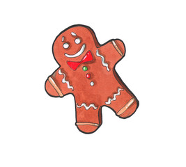 Watercolor holiday gingerbread boy. Original watercolor. Hand painting. Christmas illustration for greeting cards, invitations, and other printing projects. Isolated