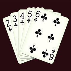 Straight Flush of Clubs from Two to Six - playing cards vector illustration