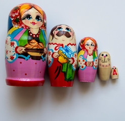 Four colorful wooden matryoshka. Russian folk toys and souvenirs