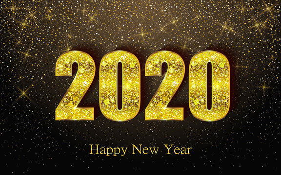 Happy new year 2020 greeting card or poster with gold glitter and shine. Vector illustration EPS 10.